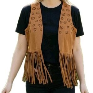 Spirit Womens Suede Fringe Vest Size Large Cutout Western Boho Festival Cowgirl